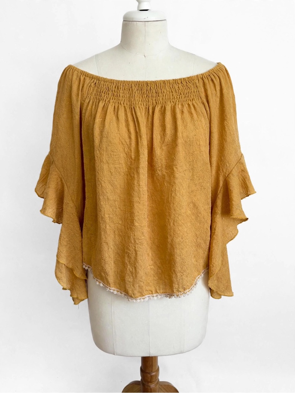 Women’s Off-Shoulder Ruffle Sleeve Top in Mustard
